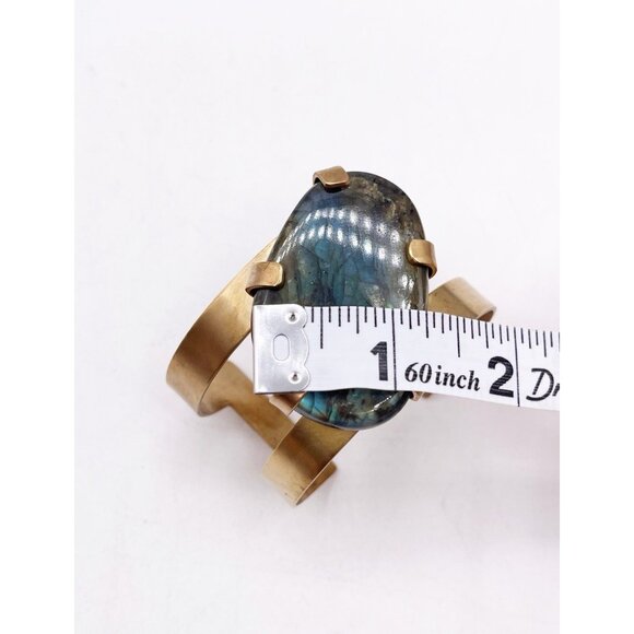 Handcrafted Labradorite Brass Cuff Bracelet Artisan Boho Statement Adjustable - Picture 9 of 11